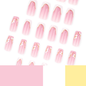 <span class=keywords><strong>Faux</strong></span> <span class=keywords><strong>ongles</strong></span> carrés à presser, rose, style French manucure avec ligne dorée et fleur blanche, pour femmes - Product Image 4