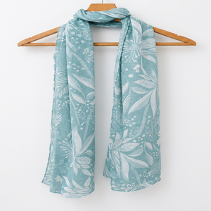 Luxury Botanical Blue Dobby Weave <b>Scarf</b> - Soft Digital Printed Poly Wrap & Tassel Travel <b>Shawl</b> - Product Image 3