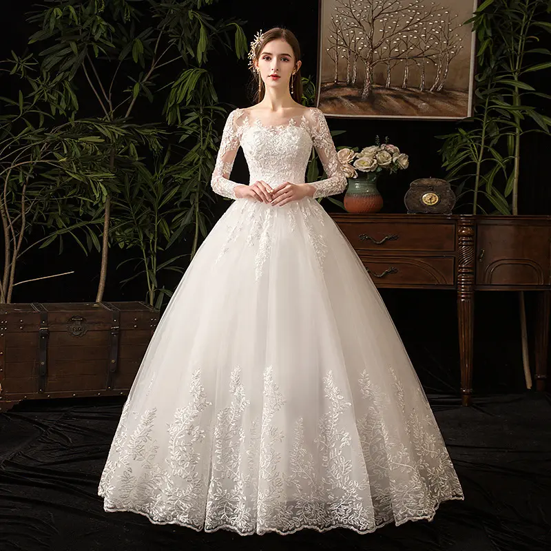 2022 nuovo bianco lunghezza del pavimento semplice moda pizzo maniche lunghe sposa abito da sposa principale abiti da 15 abiti per le donne matrimonio