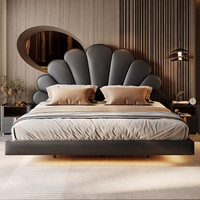2024 lit flottant minimaliste italien en cuir véritable Double couche supérieure pétale de peau de vache cadre en bois moderne pour chambre principale