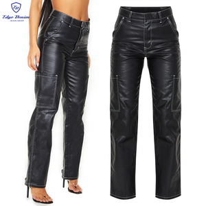 EDGEDENIM Slouchy Loose Straight Personnalisé <span class=keywords><strong>Noir</strong></span> Faux Pu <span class=keywords><strong>Cuir</strong></span> Denim Jeans Femmes Sexy - Product Image 1