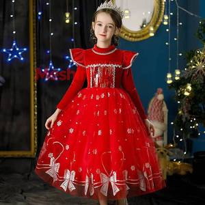 Nuevo Vestido de Fiesta de Manga Larga con Lentejuelas de Terciopelo para Niñas, Estilo Navideño - Product Image 1