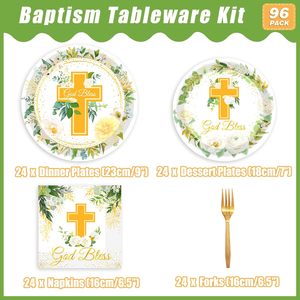 Vajilla <span class=keywords><strong>para</strong></span> Fiesta de <span class=keywords><strong>Bautizo</strong></span> y Primera Comunión, Juego de Vajilla con Hojas de Eucalipto y Salvia <span class=keywords><strong>para</strong></span> Celebración de <span class=keywords><strong>Bautizo</strong></span> - Product Image 2