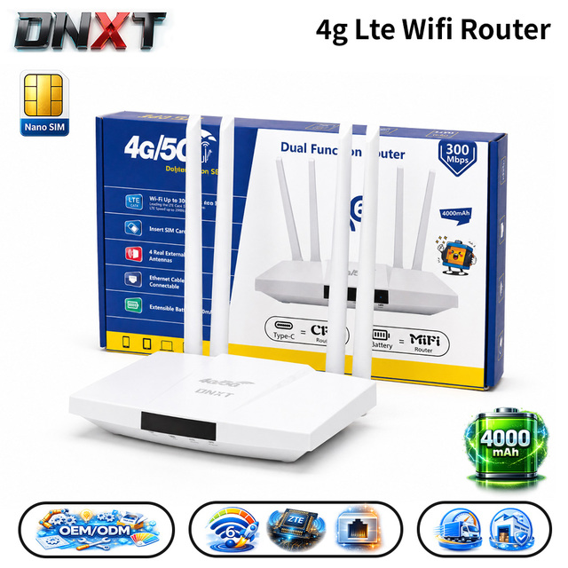 DNXT 4g Lte Wifi Router LTE Cat4 2.4GHz Wifi 6 Router 4000mAh 300Mbps 4g Sim Router WAN/LAN Type-C 4g Cpe Office Use