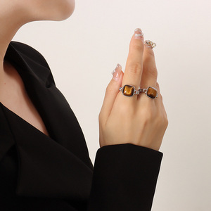 Bijoux en acier inoxydable, pierre naturelle, pierre d'oeil de tigre, anneaux ouverts géométriques, plaque de <span class=keywords><strong>Gola</strong></span> 18k, accessoires pour femmes, bague géométrique - Product Image 2