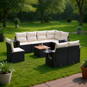 Ensemble de salon de jardin en rotin blanc crème et noir avec coussins, 6 places, mobilier d'extérieur, design contemporain - Product Image 2