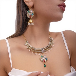 Wholesale Vintage Gold Plated Middle Eastern Tikka Indian Pakistani Tassel Pearl Bride <b>Beaded</b> Stone Choker Necklace Earring <b>Set</b> - Product Image 2