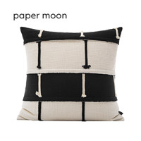 Housse de coussin Wabi Sabi style Mid-Century, patchwork noir et beige en lin avec pompons pour la décoration du canapé du salon