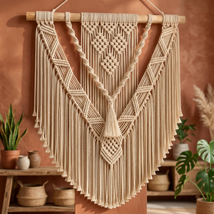 Décoration murale en macramé de chanvre fait main, style bohème, triangle décoratif, art abstrait géométrique, franges, accent décoratif pour la maison - Product Image 2