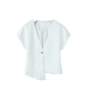 Chemisier décontracté pour femme à <span class=keywords><strong>col</strong></span> en <span class=keywords><strong>V</strong></span>, <span class=keywords><strong>blanc</strong></span>, à bouton unique, manches courtes, respirant, tissé uni, idéal printemps-automne - Product Image 3