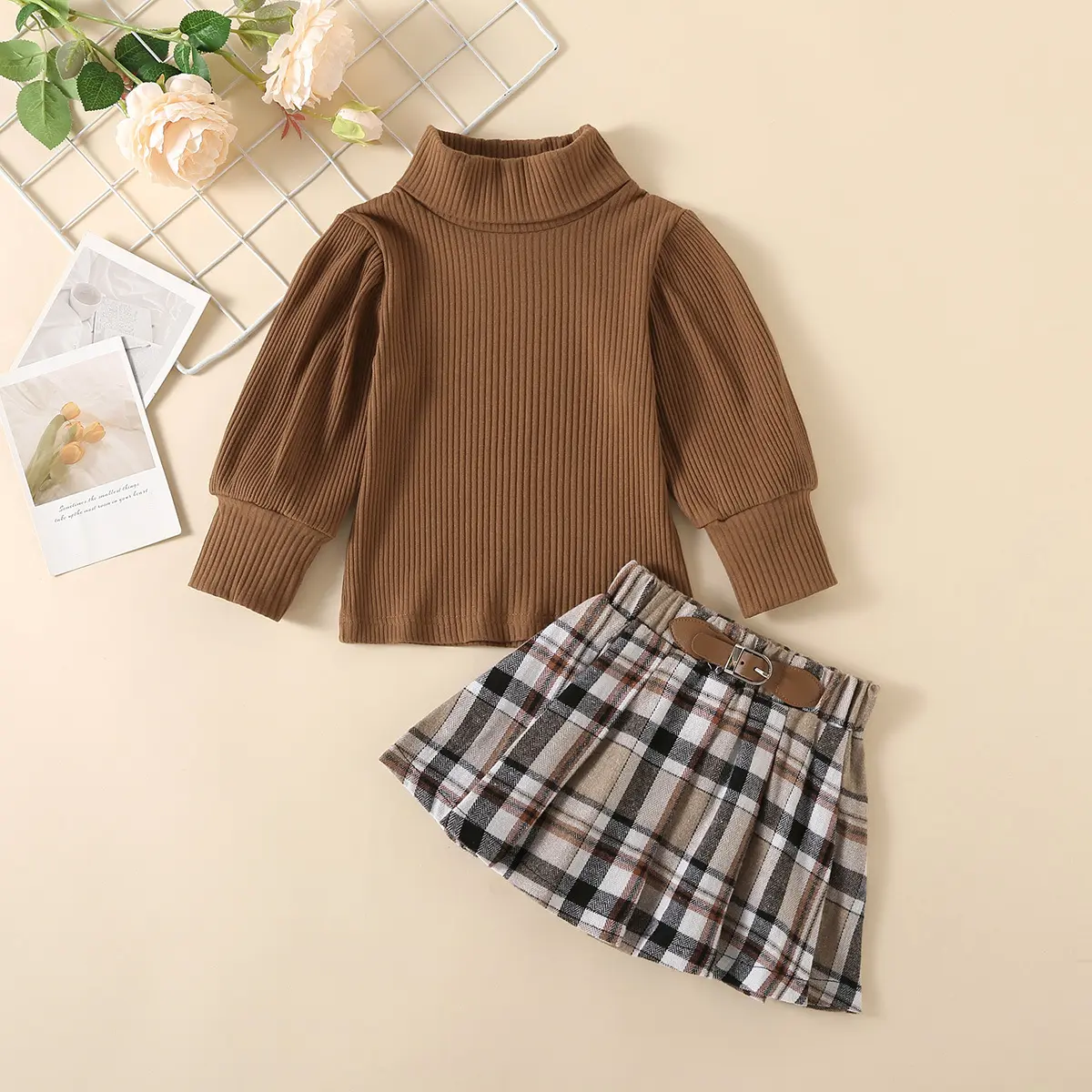 Girls Fashion Clothes 2 Pieces Suit Kids Solid Color Sweater Tops Plaid Skirt Baby Girls Clothing Sets