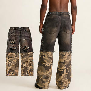 Pantalon en <span class=keywords><strong>jean</strong></span> noir délavé pour homme, coupe ample, jambe large, avec empiècements camouflage et strass, par Mean Jeans Denim - Fabricant de pantalons pour homme - Product Image 2