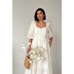 เดรสทรงเอปักลายสีขาว คอทรงโอ เอวธรรมชาติ ผ้าทอ ระบายอากาศได้ดี เหมาะสำหรับใส่ในชีวิตประจำวัน - Product Image 3