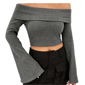 Suéteres Cortos para Mujer, Ropa Urbana de Otoño, sin Tirantes, Hombros Descubiertos, Color Sólido, Tejido de Punto, Logotipo Frontal, Transpirable, para Chicas - Product Image 3