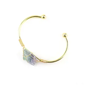 Hot-sale products Jewelry trending gold color adjustable brass cuff bangle natural stone irregular
