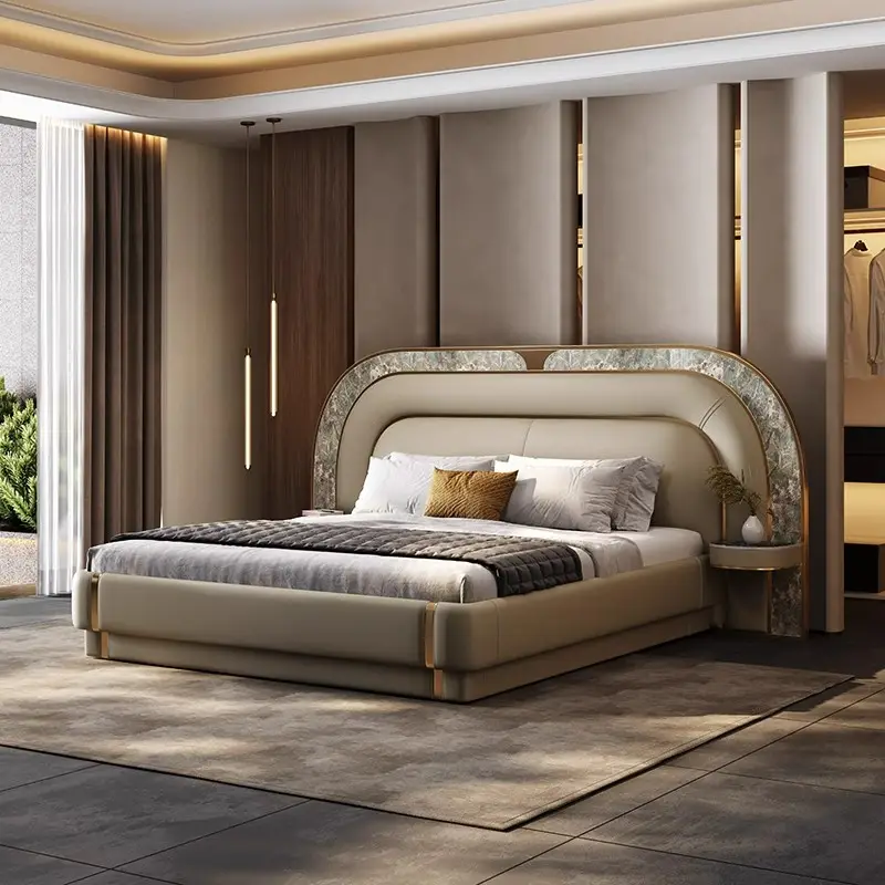 Двухспальная кровать, новая современная роскошная кровать размера «King-Size», супер большая изголовье, белый полный комплект, деревянная мебель для спальни