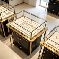 Vitrine à bijoux en verre doré avec éclairage LED et tiroir, présentoir de comptoir pour magasin de détail