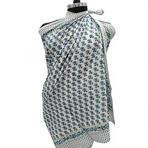 Leaf Pattern Crisp White & Cerulean Blue Sarong Handmade Cotton Scarf with Bagru Print <b>Unique</b> <b>Gift</b> <b>for</b> <b>Her</b> - Product Image 1