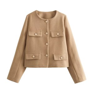 Fashonツイードジャケット女性用秋冬長袖シングルブレストクロップドコート女性用ソリッドOネックポケットアウタートップ - Product Image 1