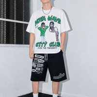 Set Kaos Grafis Premium 2 Potong, Cetak Berkualitas, Katun Bernapas, Ukuran Besar, Kaos dan Celana Pendek Model Boxy