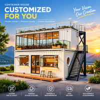 Café-restaurant-bar à deux étages en conteneur, avec façade vitrée, toit ouvert, structure modulaire préfabriquée, taille personnalisée, bâtiment commercial