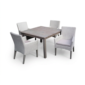 Ensemble de salle à manger d'extérieur moderne pour villa et appartement, en bois de teck, avec quatre chaises, en rotin synthétique blanc et tissu imperméable - Product Image 1