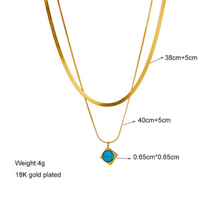 European American Fashion Double Layer Titanium Steel Turquoise Square Pendant Necklace Geometric Design Gold Color - Product Image 4