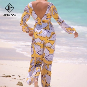 Mono Largo de Verano con Cuello en V, Estampado, Holgado, de Pierna Ancha, Elegante, Informal, para Playa, Estilo Hawaiano - Product Image 2