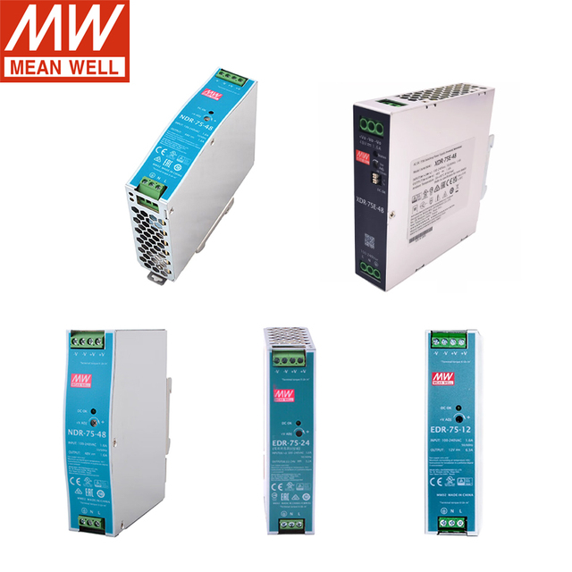 MEAN WELL XDR-E/NDR/EDR Series 75W Industrial Din Rail Power Supply 85-264VAC 12V24V36V48V 90% High Efficiency Economical Single