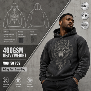 Sweat-shirt décontracté pour homme en coton 460 GSM, coupe régulière, imprimé loup délavé à l'acide, poche kangourou, conception personnalisée OEM ODM - Product Image 1