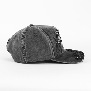 OEM <span class=keywords><strong>5</strong></span>-<span class=keywords><strong>Panel</strong></span> Gebogene Wildleder-Krempe Hochwertige 3D-Stickerei Patch-Logo Distressed Hut Jeans Baseballkappe mit Metallschnalle - Product Image 2