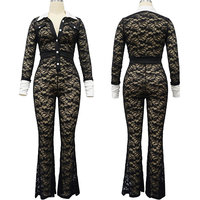 Huili fabricant personnalisé floral maille transparente revers noir col en V body 2025 femmes tenue ensembles à manches longues dentelle vêtements de détente
