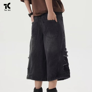 กางเกงยีนส์ขาสั้นทรงตรงสไตล์สตรีทแวร์สำหรับฤดูร้อน แบบสั่งทำพิเศษ ทรงหลวม ขาดๆ แบบดิสเทรส สีเข้มฟอกคริสตัล ผ้าเดนิมคอตตอนระดับกลาง สำหรับผู้ชาย แฟชั่นวินเทจ - Product Image 5