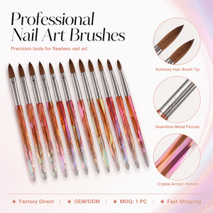 Pinceau de luxe pour nail art en Kolinsky, manche cristal irisé rouge orangé, outil d'extension pour poudre acrylique et gel UV, idéal pour salon de manucure - Product Image 1