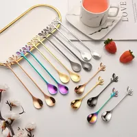 Cuillère à long manche dorée en acier inoxydable, cuillère à thé en forme de feuille, mini-cuillères à mélanger nordiques, petite fourchette pour dessert, café, miel, décoration intérieure