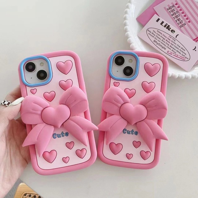 Cute Pink Silicone Love Heart Folding Bow Mobile Phone Case for iphone 7 8 XS XR XS MAX 11 12 13 14 15 Pro Max