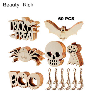Étiquettes en <span class=keywords><strong>bois</strong></span> suspendues Halloween, ornement vierge, artisanal, avec 60 cordes en ficelle, 10/60 pièces - Product Image 1
