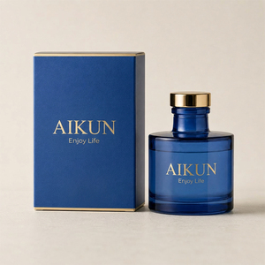 Aikun Blue Glass Long Lasting Cylinder Reed Diffuser <b>Set</b> With Gold Cap Custom Box For Hotel Home Bathroom Fragrance Gift Supply - Product Image 1