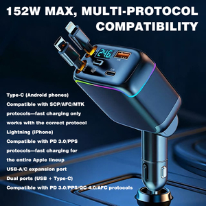 Cargador de Coche Retráctil Rápido con Puerto USB-C y Cables Retráctiles, Monitoreo de Voltaje 12-24V - Product Image 4