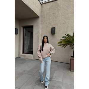 Sweat-shirt en soie beige pour femme, taille XS, avec broderie élégante 'E', col montant, impression en relief, léger, pour l'automne - Product Image 2