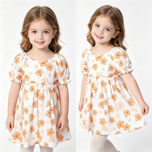 Vestido Ecológico de Bambú/Algodón para Niñas, Modelo A26-4, Corte en A, Largo hasta la Rodilla, con Volantes y Mangas Cortas Tipo Linterna para Bebés y Niñas Pequeñas - Product Image 1