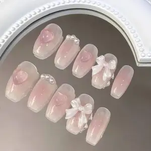 Cute Pink Sweet Princess Removable Handmade Wear Nail Art Y2K Vitality Girl Short Fake Nails Blush Bow Nail Patch