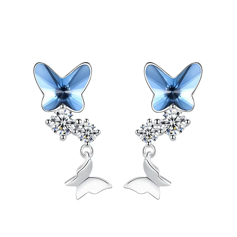 RINNTIN SWE05 Butterfly Drop Earrings For Women Girls Blue Swarovski Element Crystal Clear Cubic Zirconia Sterling Silver
