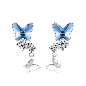 RINNTIN SWE05 Butterfly Drop Earrings For Women Girls Blue Swarovski Element Crystal Clear Cubic Zirconia Sterling Silver