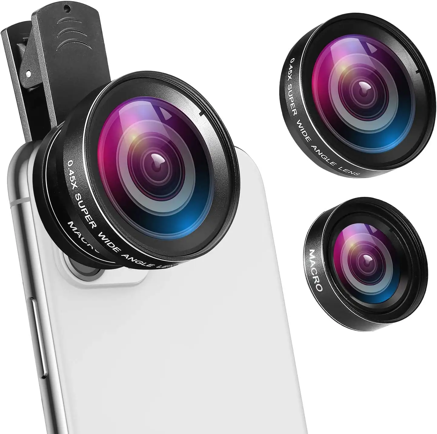 2 in 1 Clip-On Professional Phone Camera Lens, 0.45X Super Wide Angle Lens+12.5X Macro Lens