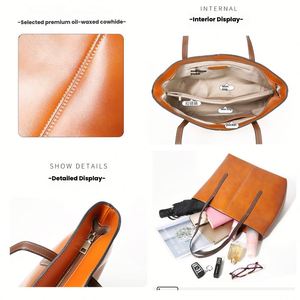 Bolsos de mano de cuero genuino para mujer, de gran capacidad, estilo casual, de diseñador, con dos correas, bandolera, con cremallera, suaves, de China, ¡los más vendidos! - Product Image 4