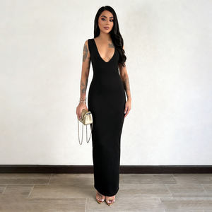 Robe maxi moulante sans manches, écologique, taille naturelle, élégante, col en V profond, couleur unie, extensible - Product Image 1