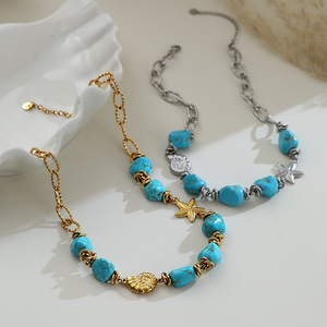 Collar de Cuentas de Turquesa Agrietada <span class=keywords><strong>Irregular</strong></span> Estilo Bohemio Vintage con Estrella de Mar y Concha, Joyería Impermeable de Acero Inoxidable para Vacaciones <span class=keywords><strong>en</strong></span> el Océano - Product Image 2