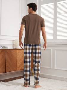Top estivo a manica corta <span class=keywords><strong>da</strong></span> <span class=keywords><strong>uomo</strong></span> in <span class=keywords><strong>pigiama</strong></span> di cotone Plaid pantaloni <span class=keywords><strong>da</strong></span> salotto pigiami in bambù per <span class=keywords><strong>uomo</strong></span> - Product Image 5