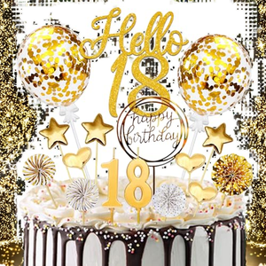 Set <span class=keywords><strong>de</strong></span> Adornos para <span class=keywords><strong>Pastel</strong></span> <span class=keywords><strong>de</strong></span> <span class=keywords><strong>18</strong></span>.º Aniversario para Niños y Niñas, 20 Piezas, Decoraciones <span class=keywords><strong>de</strong></span> <span class=keywords><strong>Pastel</strong></span> Ecológicas con Brillo Dorado, Velas - Product Image 2